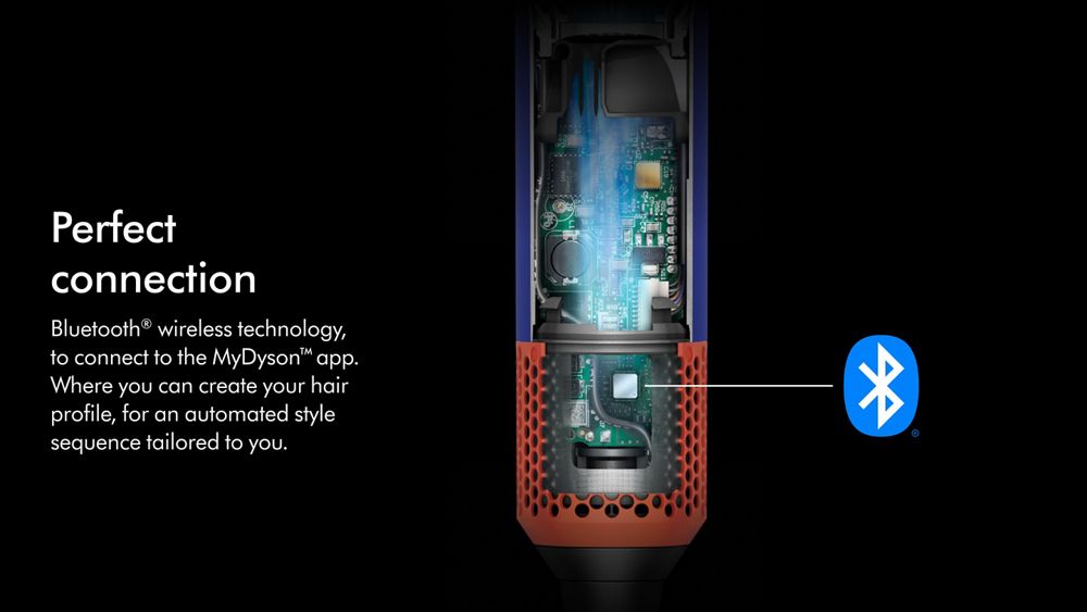 Cutaway showing the technology inside the Dyson Airwrap i.d., with the Bluetooth icon highlighted