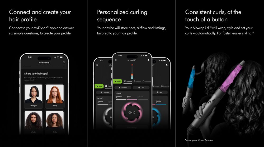 Smartphone with the MyDyson app, three app screens showing the hair profile, and airflow around the barrel